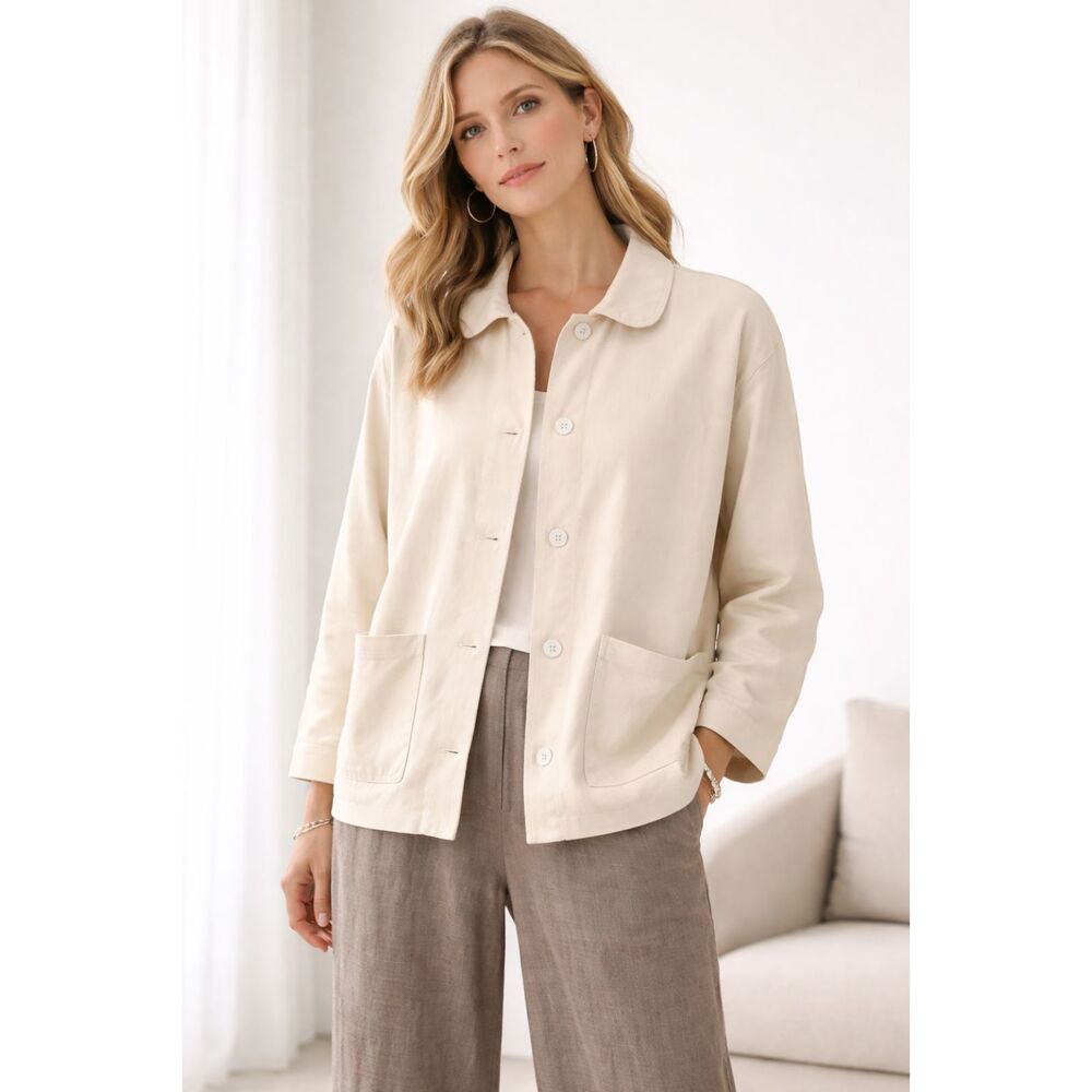 The Purists Cream 100% Cotton Button Front Jacket Minimalist Boxy Size M